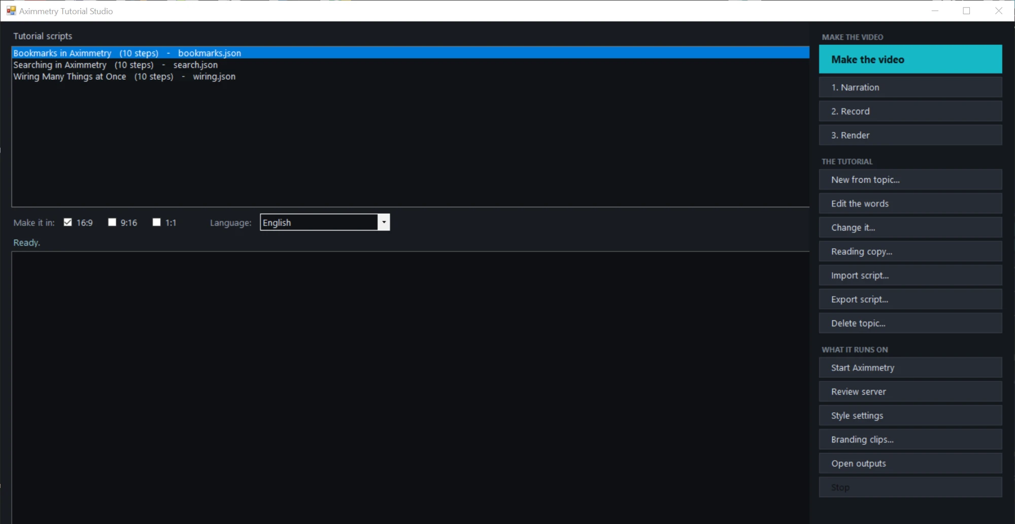 Tutorialvideó-készítő program ablaka: bal oldalt a scriptek listája lépésszámmal, jobb oldalt a narráció, a felvétel és a renderelés indítógombjai, alul a formátum- és nyelvválasztó.