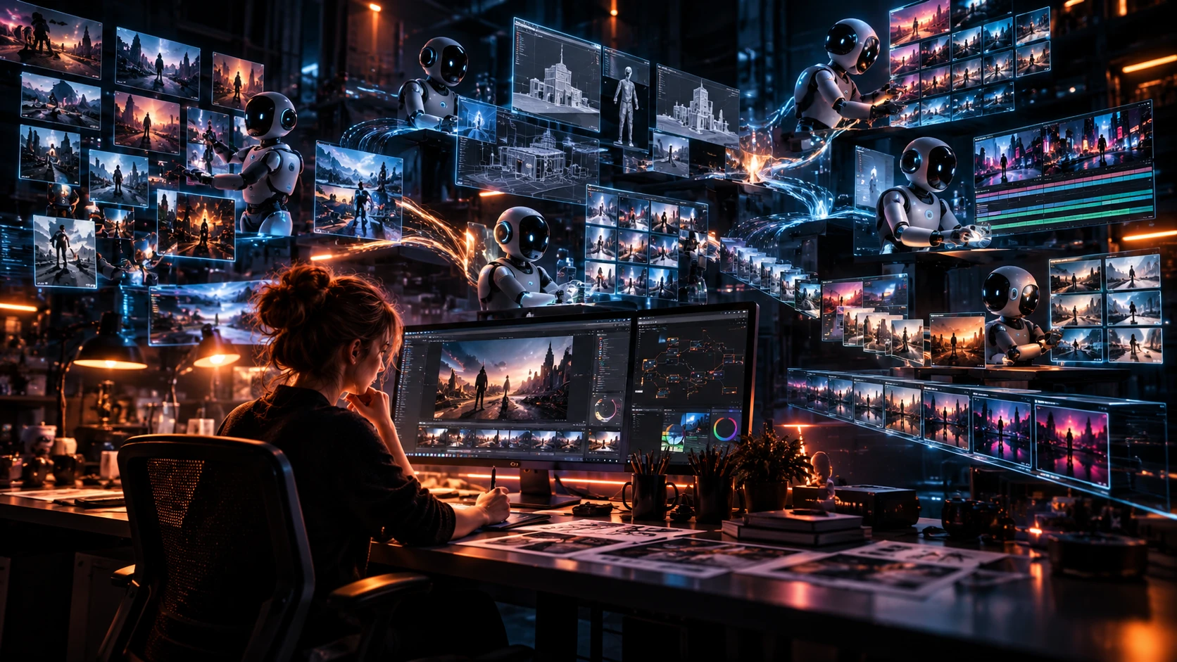 Éjszakai munkaasztal: valaki a monitor előtt dolgozik, körülötte lebegő képernyőkön generált jelenetek, node-alapú munkafolyamatok és több robotasszisztens dolgozik egyszerre.